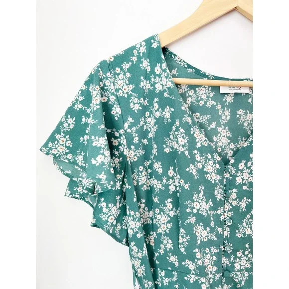 Bluivy Floral Romper Teal Green Flutter Sleeve Button Front Tie Waist Pockets L - Picture 5 of 7